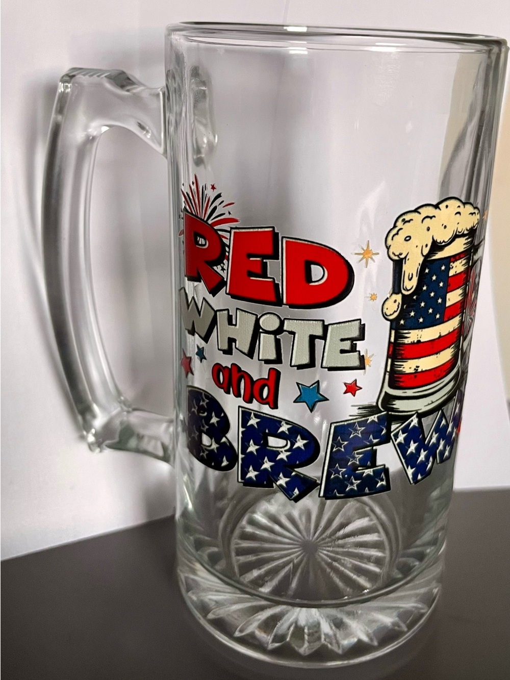 Patriotic Red White and Brew Glass Beer Mug